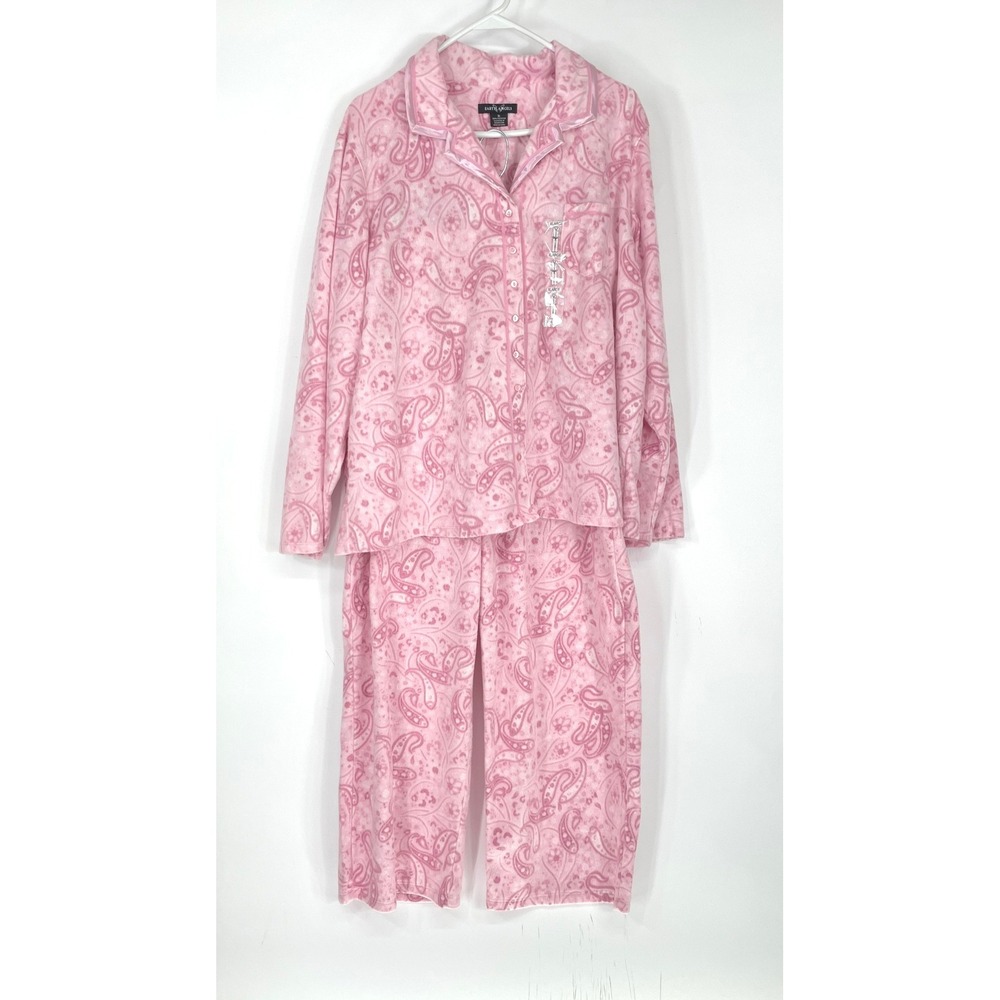 NWT Earth Angels Womens Pajama Set XL Notch Collar Pink Paisley Plush Fleece